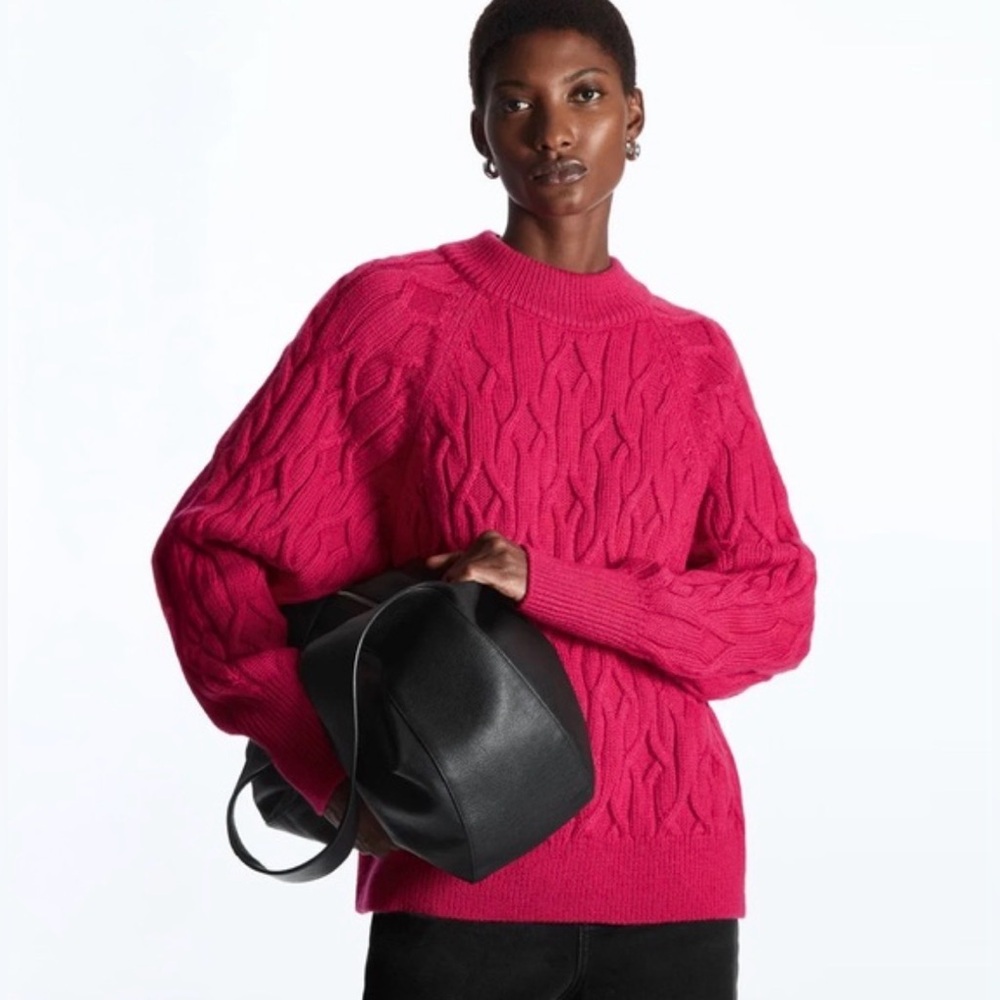 NWT COS Cable Knit Relaxed Oversized Wool Blend Chunky Sweater Pink Fuschia M